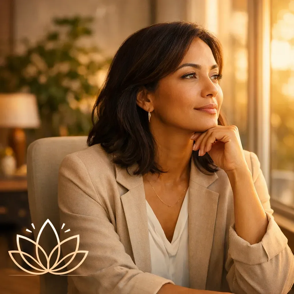 A person in a beige blazer sits by a sunlit window, resting their chin on their hand, looking thoughtfully into the distance.