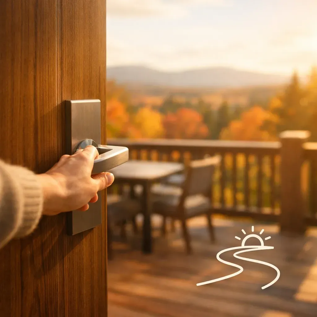 A hand reaches for a wooden door handle, opening to a sunlit balcony overlooking a scenic, wooded mountain landscape.
