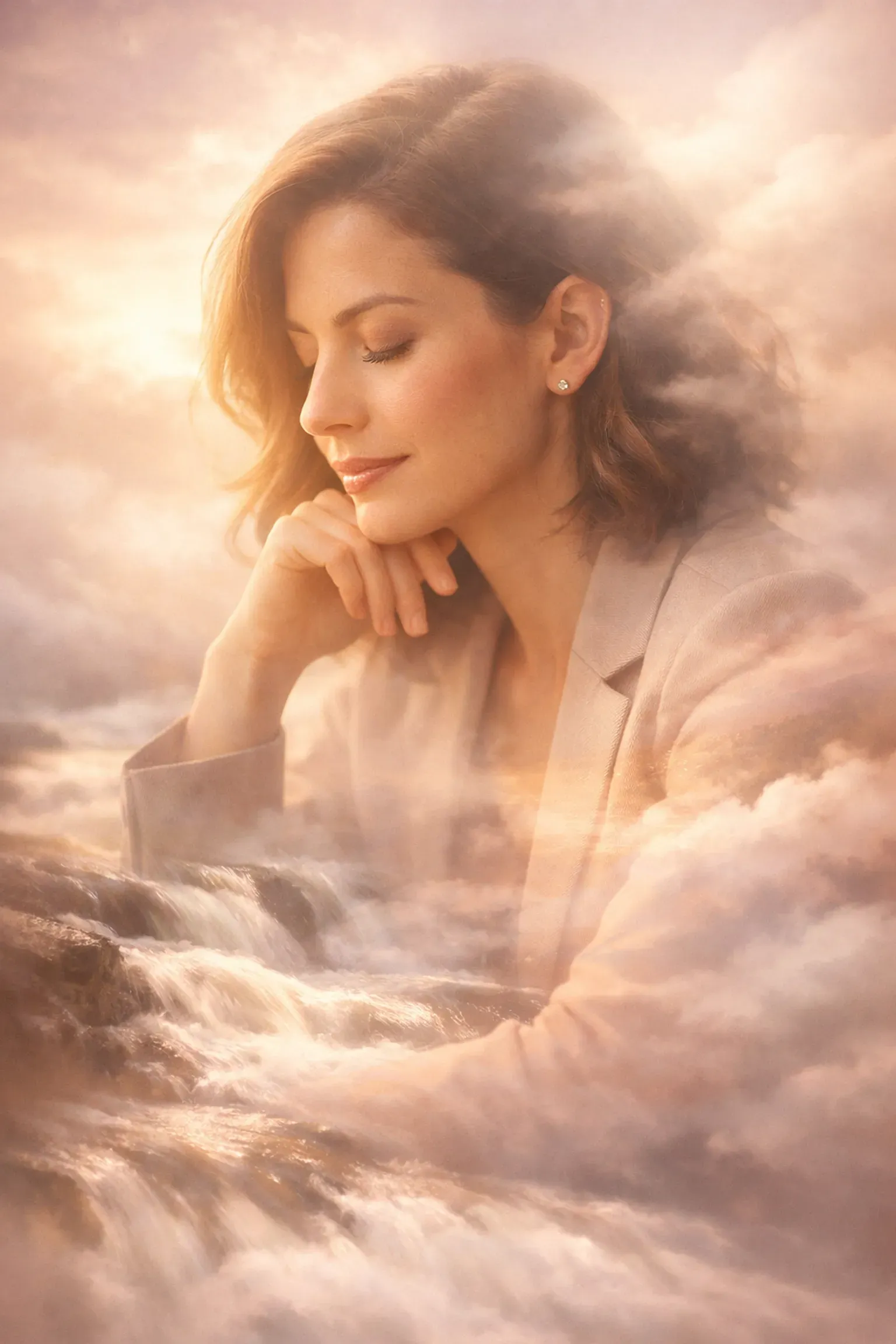 Woman in beige blazer, eyes closed, resting on a cloud-like setting, soft lighting.