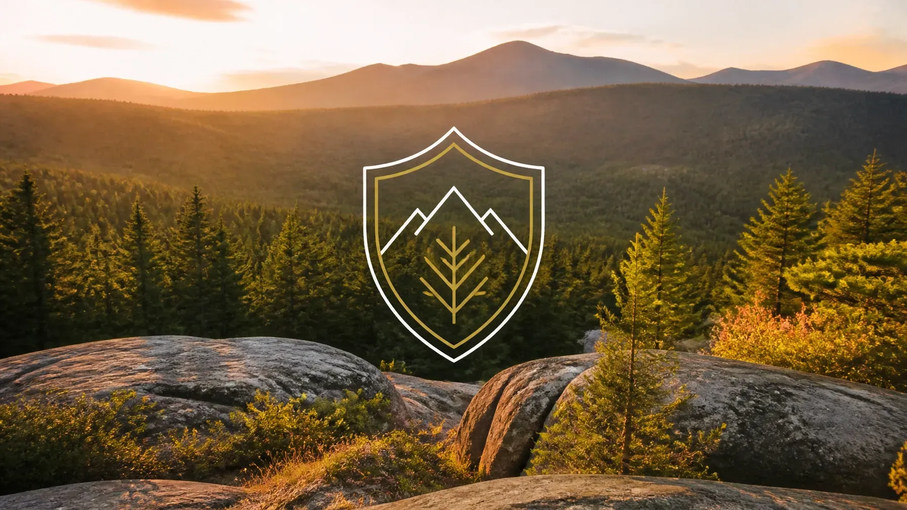 Sunlit mountain forest landscape with rocky foreground and a centered shield logo overlay