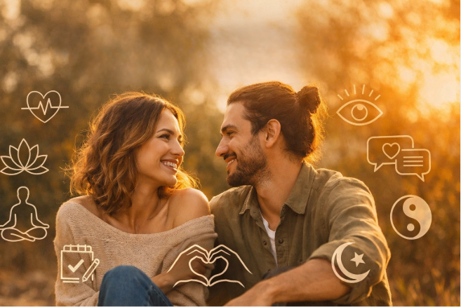 Couple smiling at each other, outdoors, with spiritual symbols overlayed on the warm background.