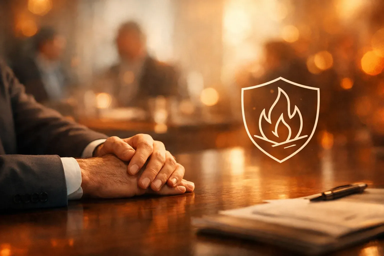 Person in suit at table, hands clasped, with a document and pen. Shield icon with flame.