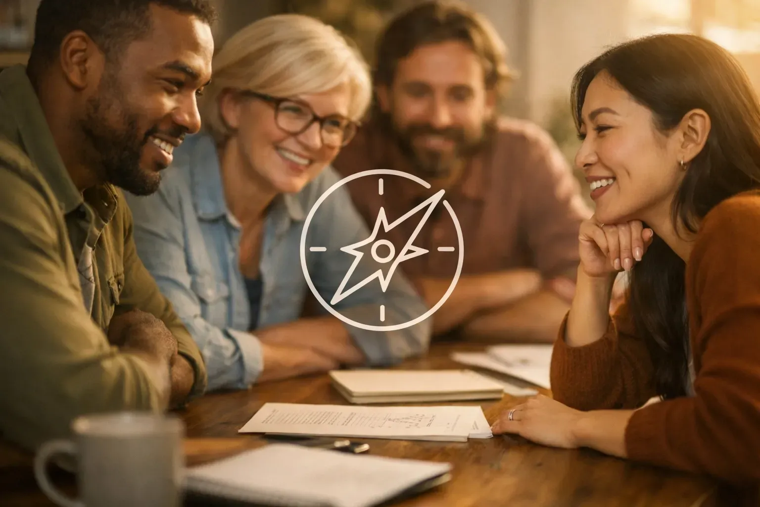 Group of people smiling, seated at a table with papers, discussing. Compass symbol overlaid.