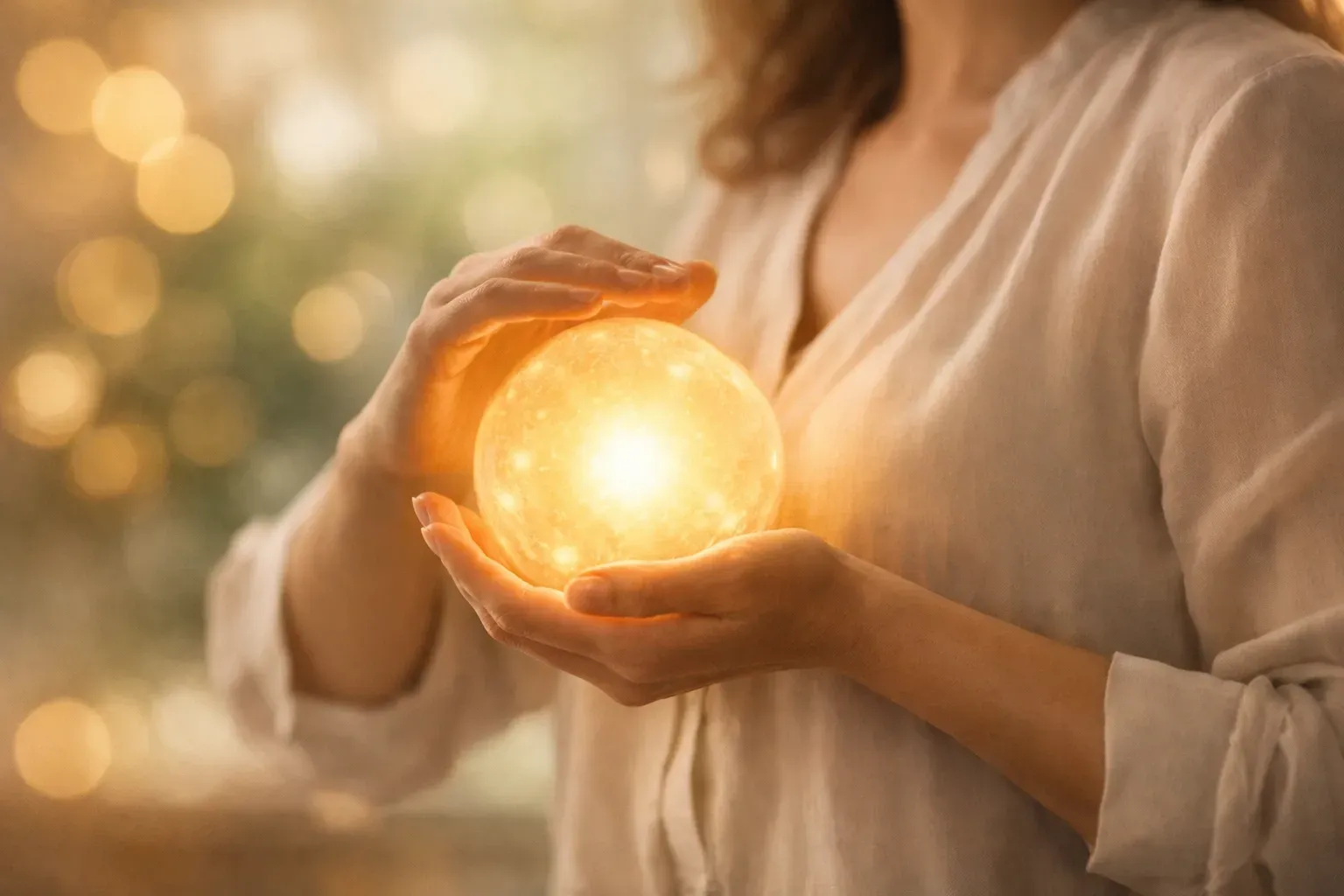 Woman holding a glowing orb in her hands, illuminated in a soft, bright light.