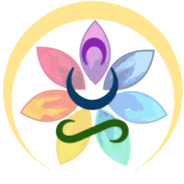 Colorful lotus flower with crescent moons and an infinity symbol inside a golden arch.