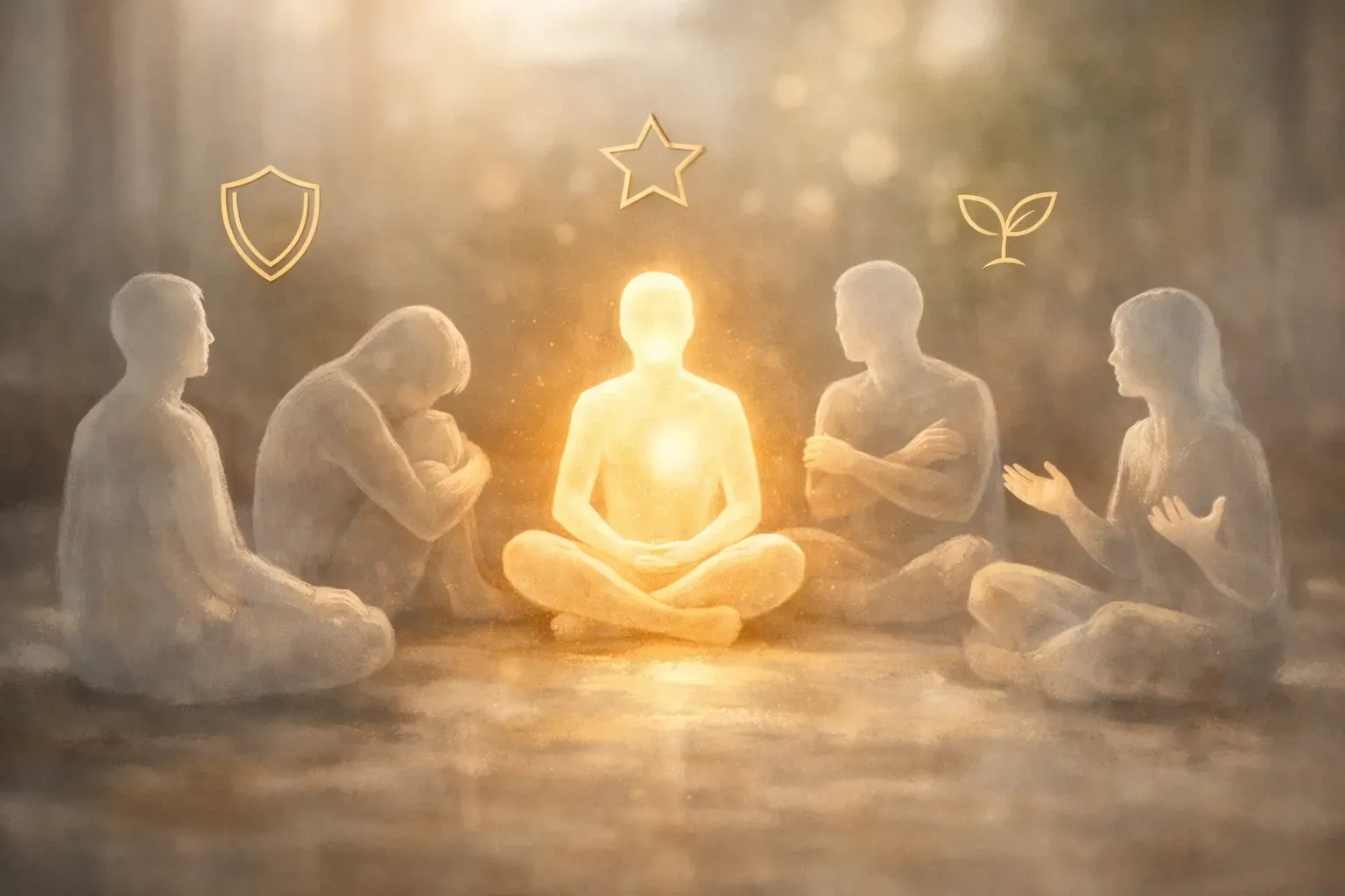 Group of silhouetted figures around a glowing person meditating with symbols (shield, star, plant).