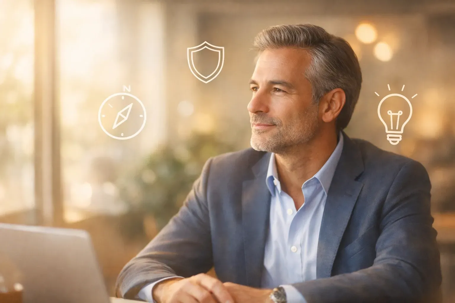 A professional in a suit sits at a desk with digital icons of a compass, shield, and lightbulb floating above.