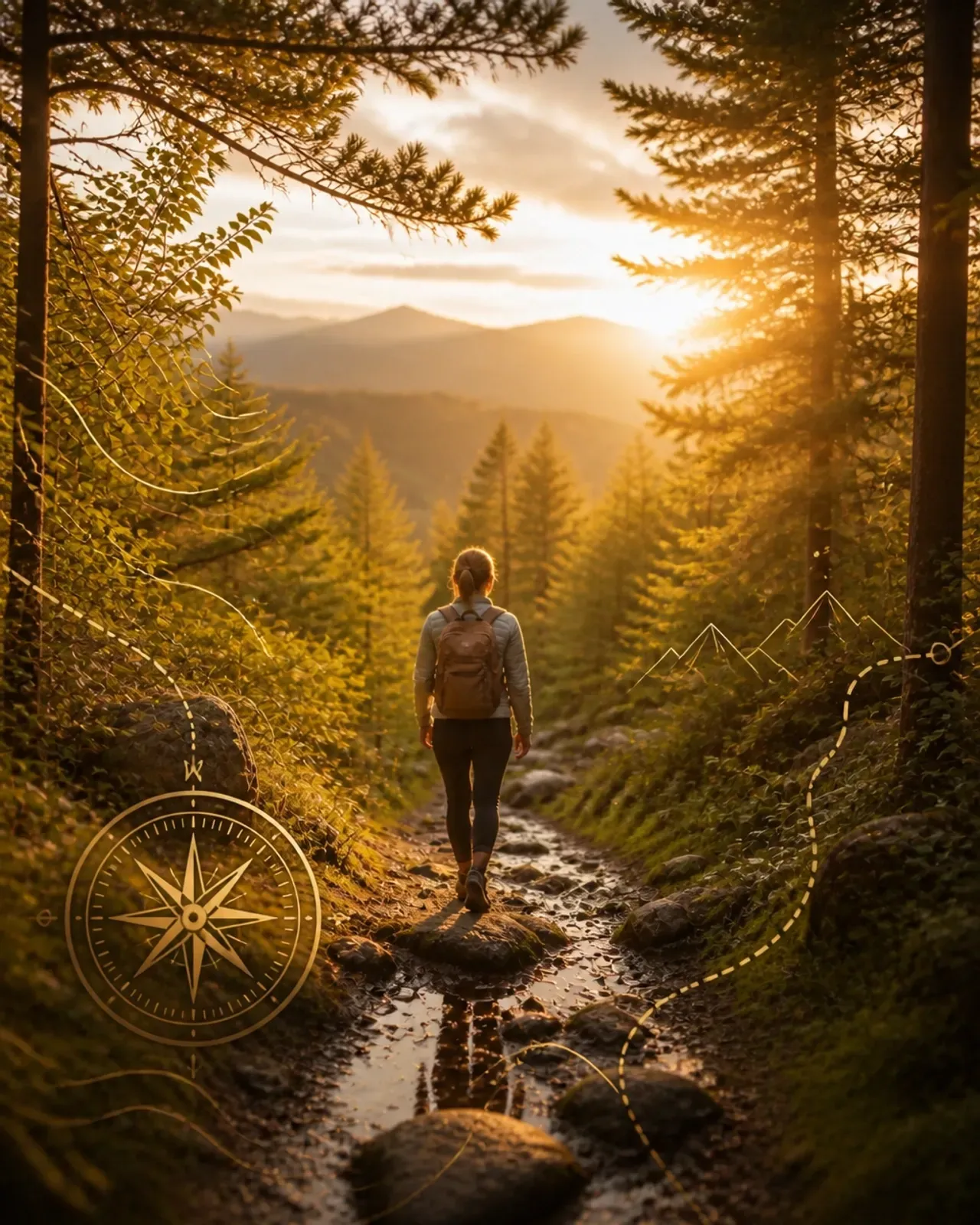 Hiker walking a muddy forest trail at sunset, with golden light and distant mountains.
