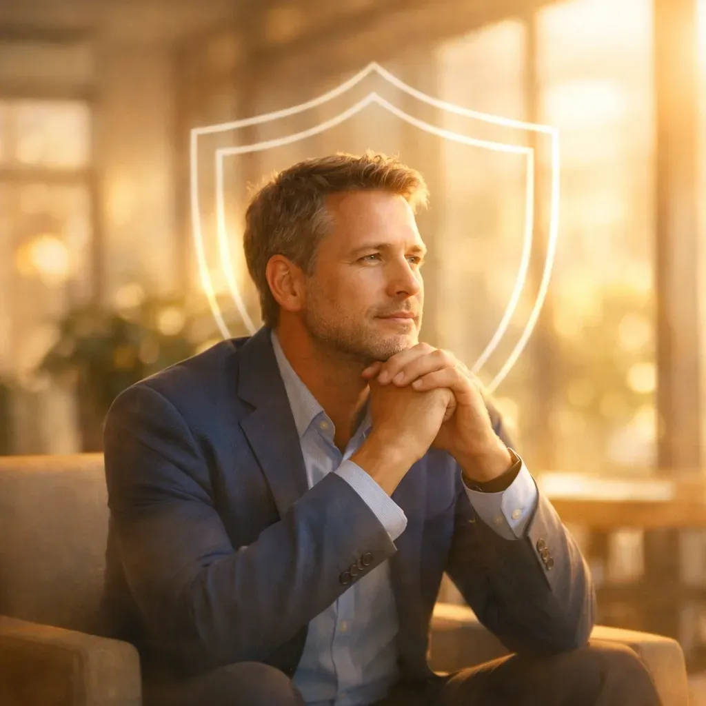 Man in a suit with hands clasped, looking thoughtful; outline of a shield behind him.