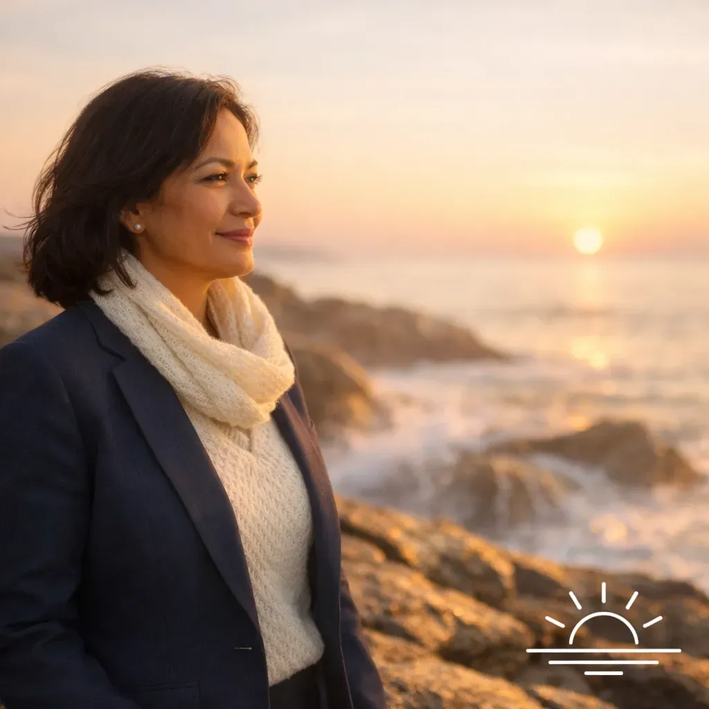 A person in a blazer and scarf looks toward the sunset over a rocky coastline.