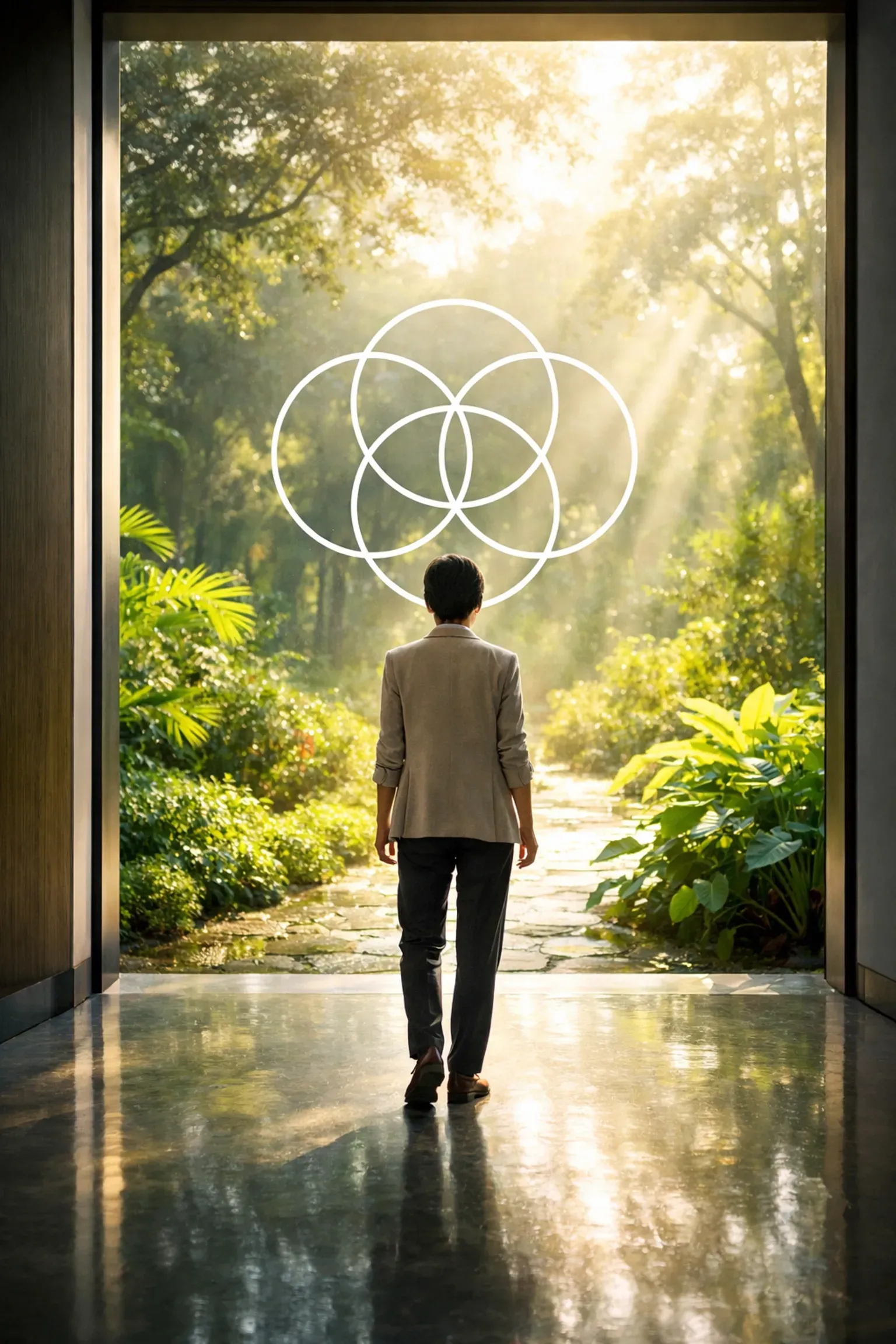 A person walks toward a sunlit forest through a doorway, with a glowing, five-circle geometric pattern floating above them.