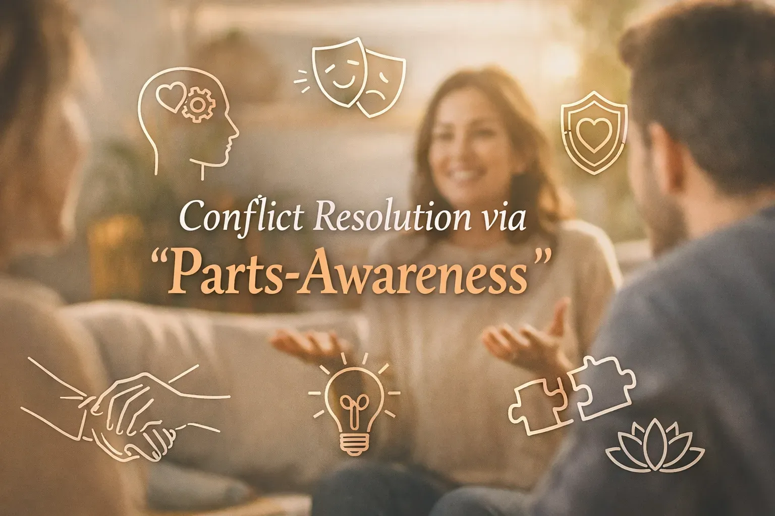 People on couch with text overlay “Conflict Resolution via ‘Parts-Awareness’”, with icons.