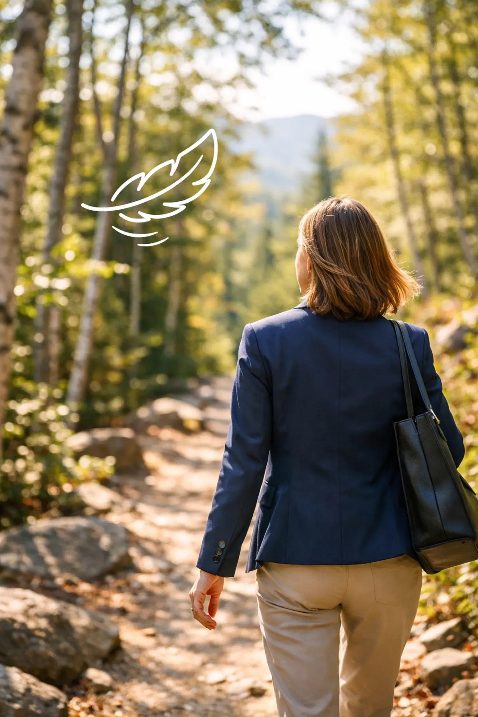 A person wearing a dark blue blazer and tan pants walks along a sunny, wooded dirt path with a feather graphic nearby.