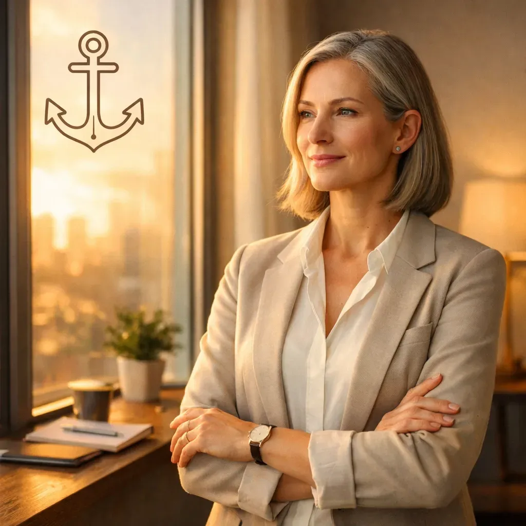 Woman in a beige blazer with arms crossed, looking out a window at sunset. An anchor icon is in the upper left corner.