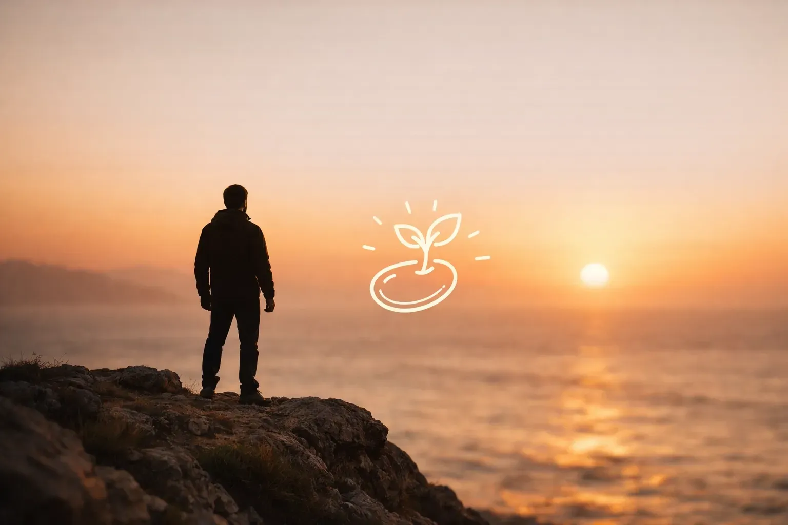 A person standing on a rocky cliff overlooking the ocean at sunset with a glowing, hand-drawn sprout icon in the center.