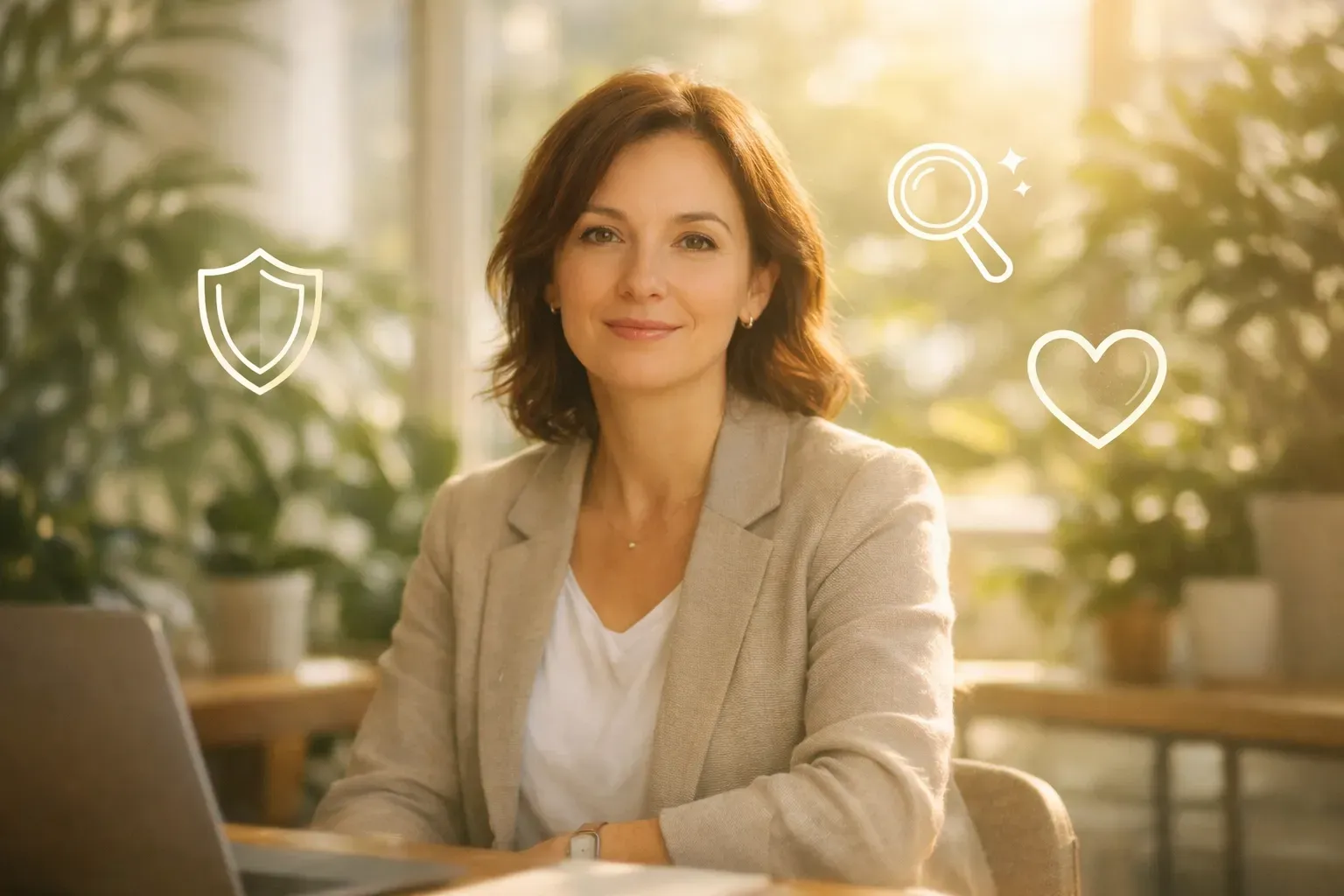 Woman in blazer at laptop, smiling. Icons for security, search, and like floating around her.
