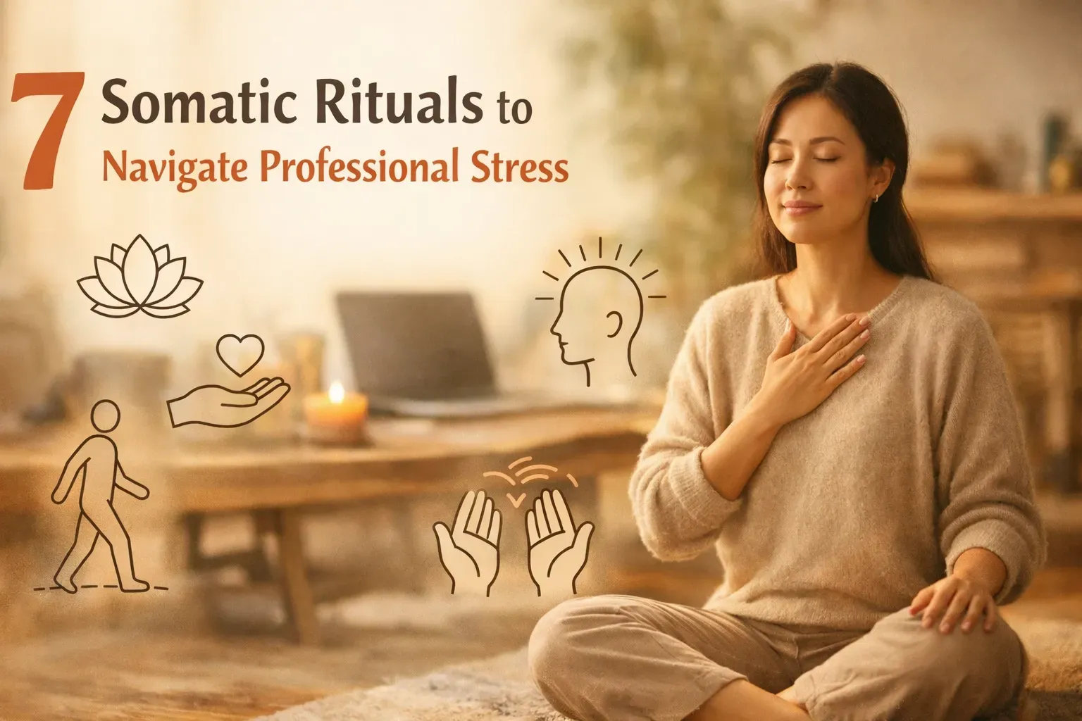 A person sits in a meditative pose with a hand on their chest, surrounded by icons for 7 somatic rituals for work stress.