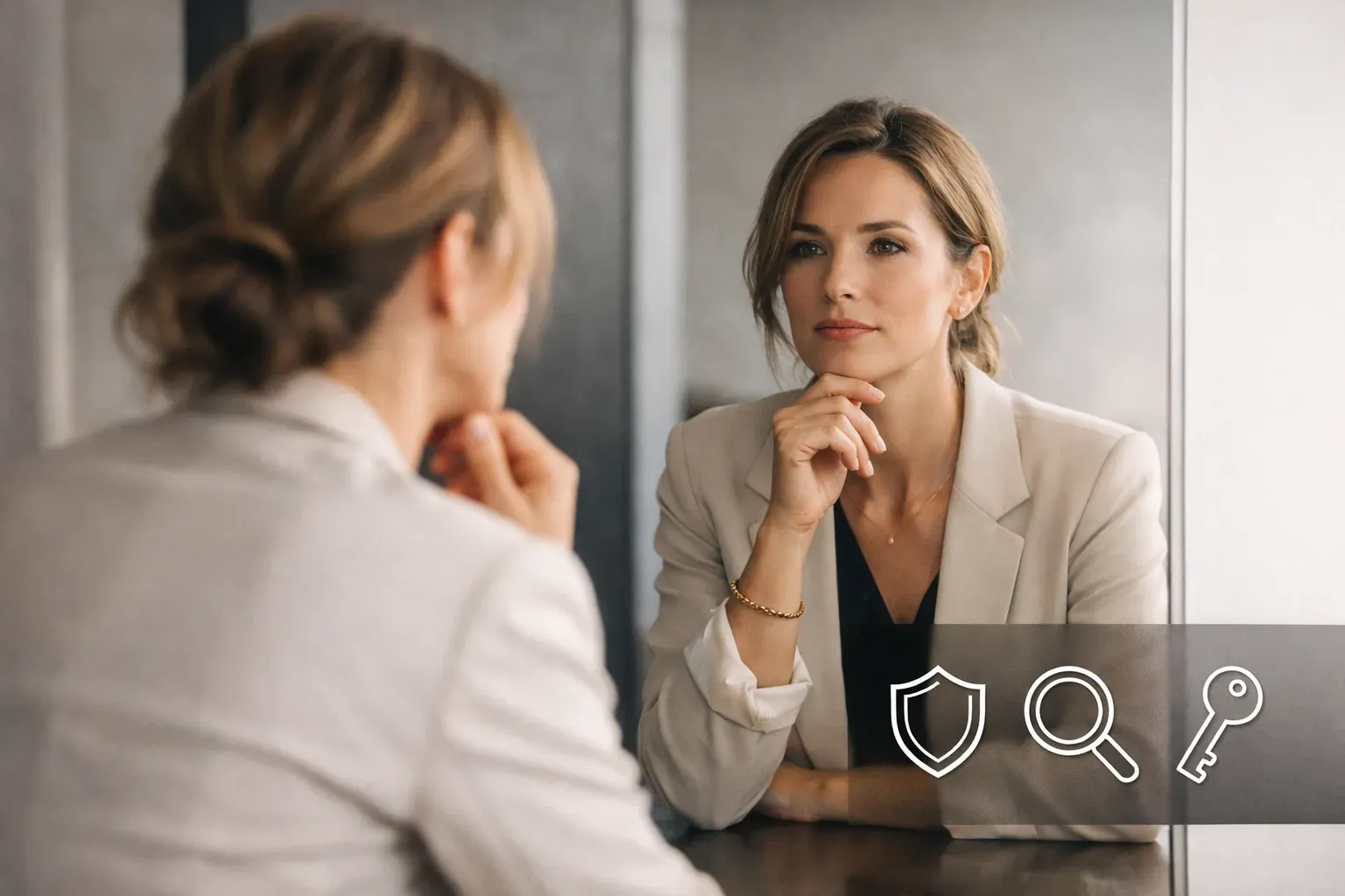 A person in a professional suit looks at their reflection in a mirror while resting their chin on their hand.