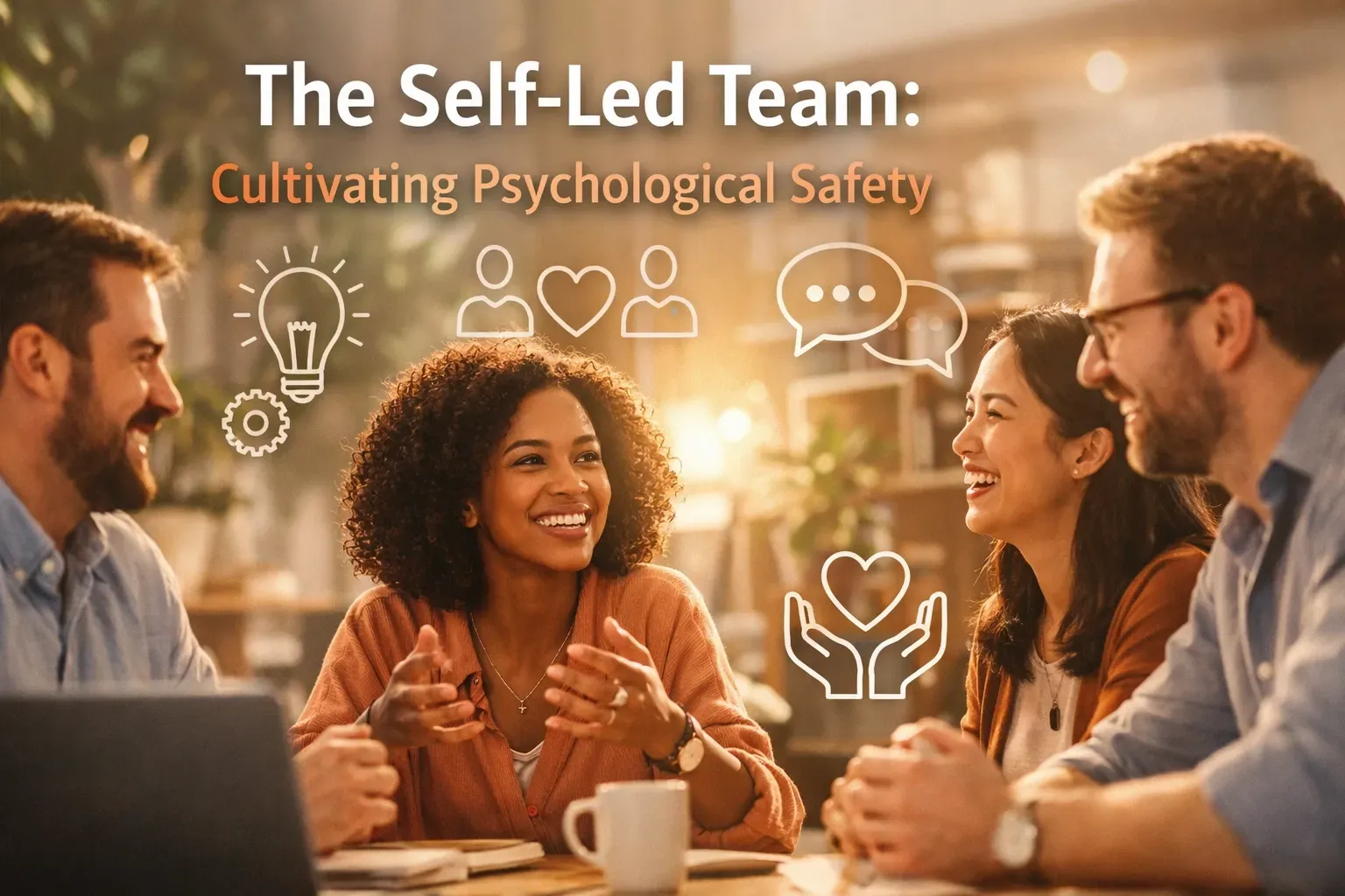 Group of people laughing, in a meeting. Text: The Self-Led Team: Cultivating Psychological Safety. Icons: lightbulb, hearts, speech bubble, hands.