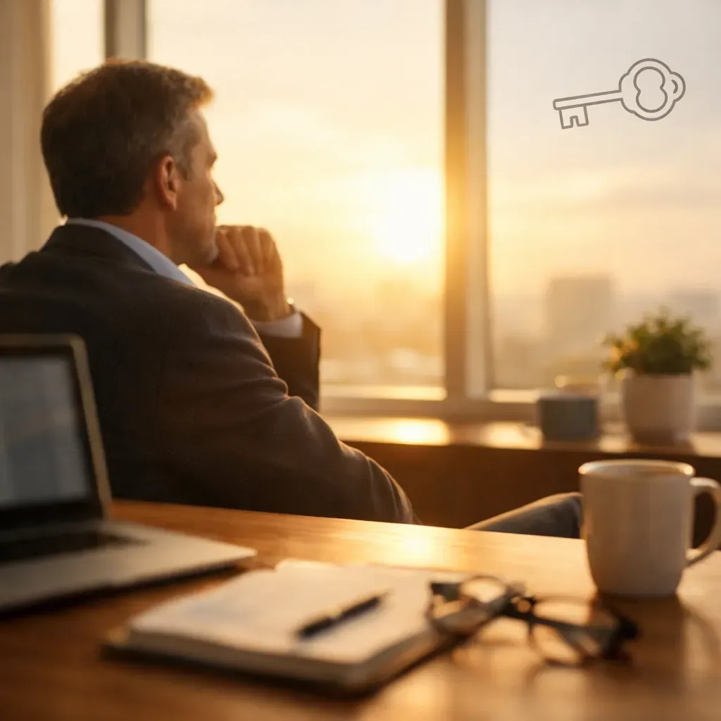 A person in a suit sits at a desk looking out a window at a sunset, with a laptop, notebook, and coffee mug in the foreground.