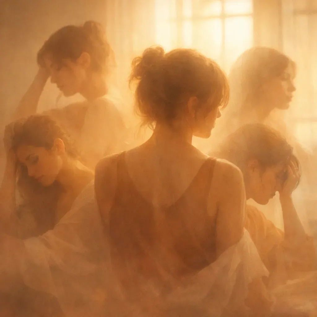 Multiple blurred figures in a warm-toned setting, each with a pensive expression, some covering their faces.