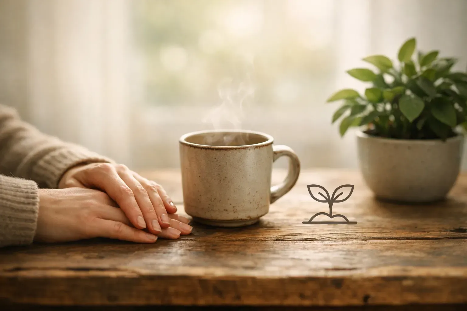A steaming mug sits on a wooden table next to a small potted plant, with hands resting nearby in a cozy, bright setting.