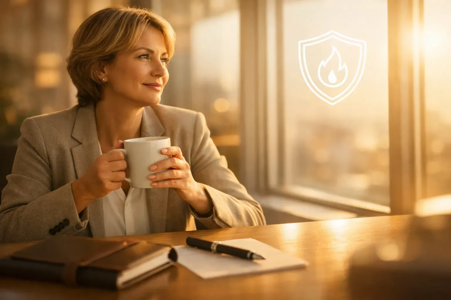 Woman in white blazer, with sun symbol overlaid on her chest, sitting indoors with sunlight.