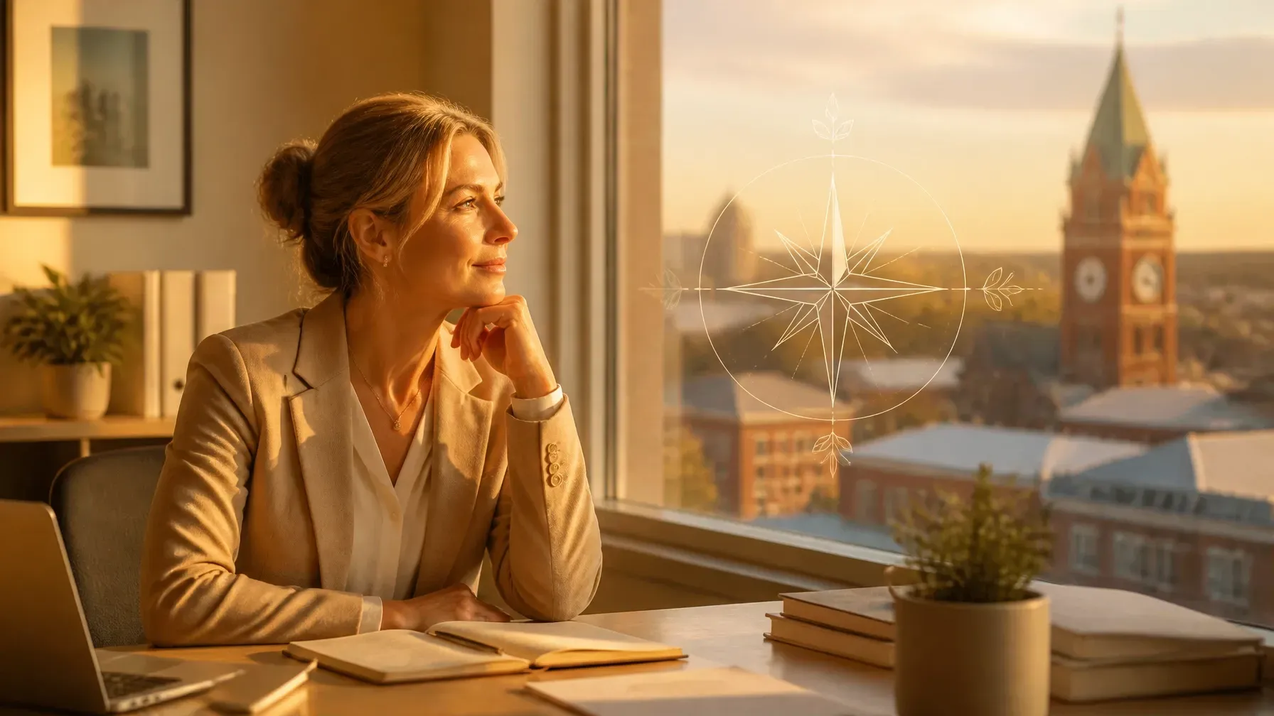 Woman sits by a window at sunset, looking over a city skyline with a clock tower