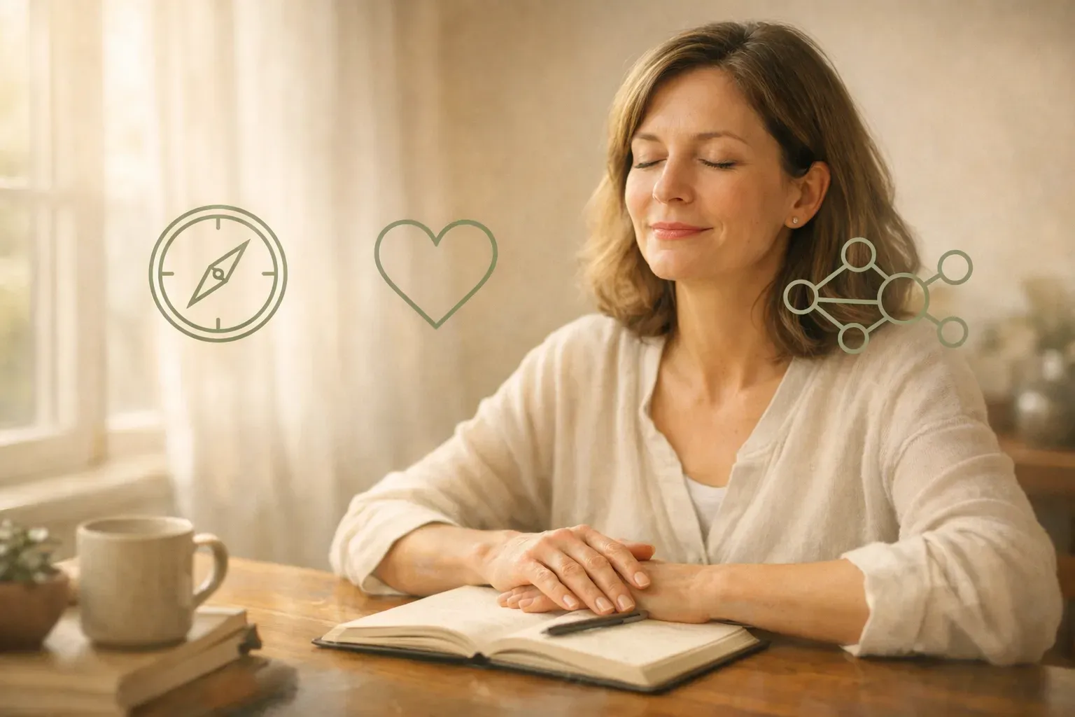 Woman with eyes closed at a table, notebook open, with icons of a compass, heart, and molecule.