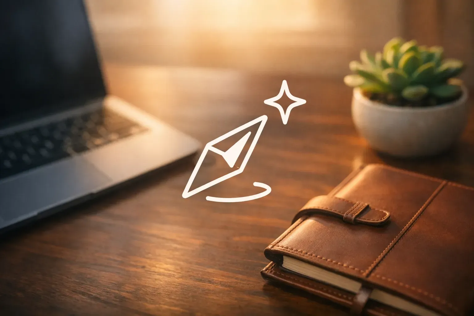 A desk setup with a laptop, a brown notebook, and a succulent, featuring a glowing spark icon overlaid in the center.