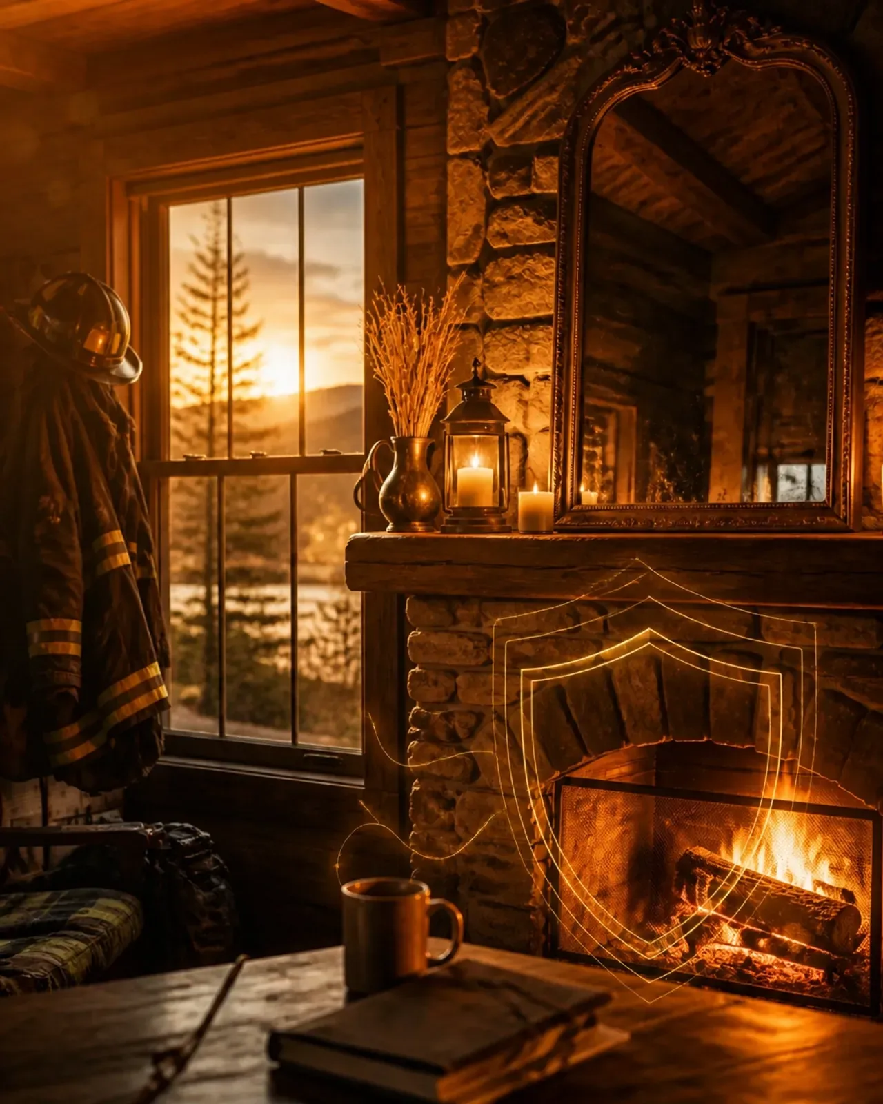 Cozy cabin interior with a glowing fireplace, rustic stone mantel, and sunset visible through a window