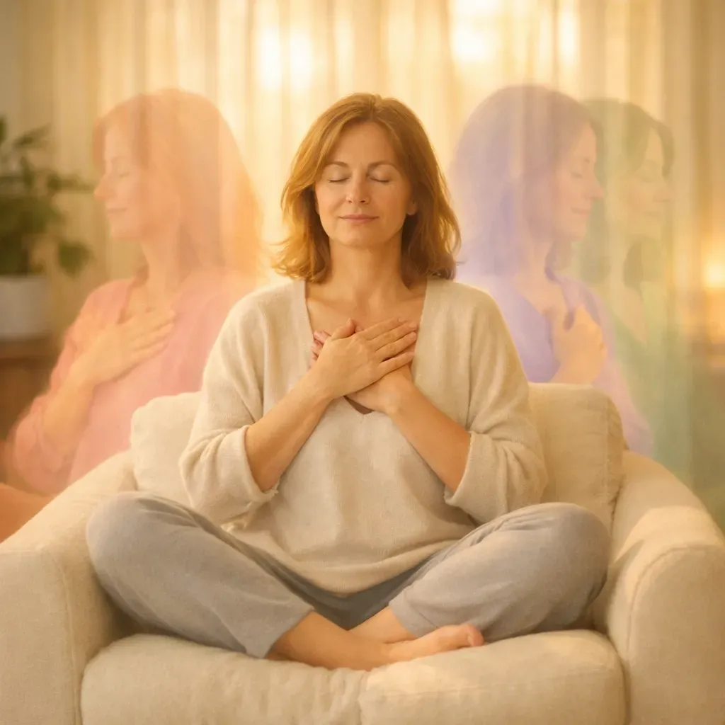 Woman meditating with hands on her chest, three ethereal translucent figures surrounding her.