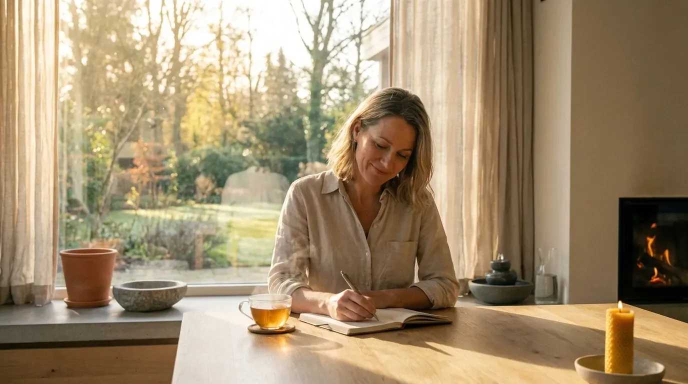 Woman writing in a notebook at a table, sunny window in the background, tea cup, and candle.