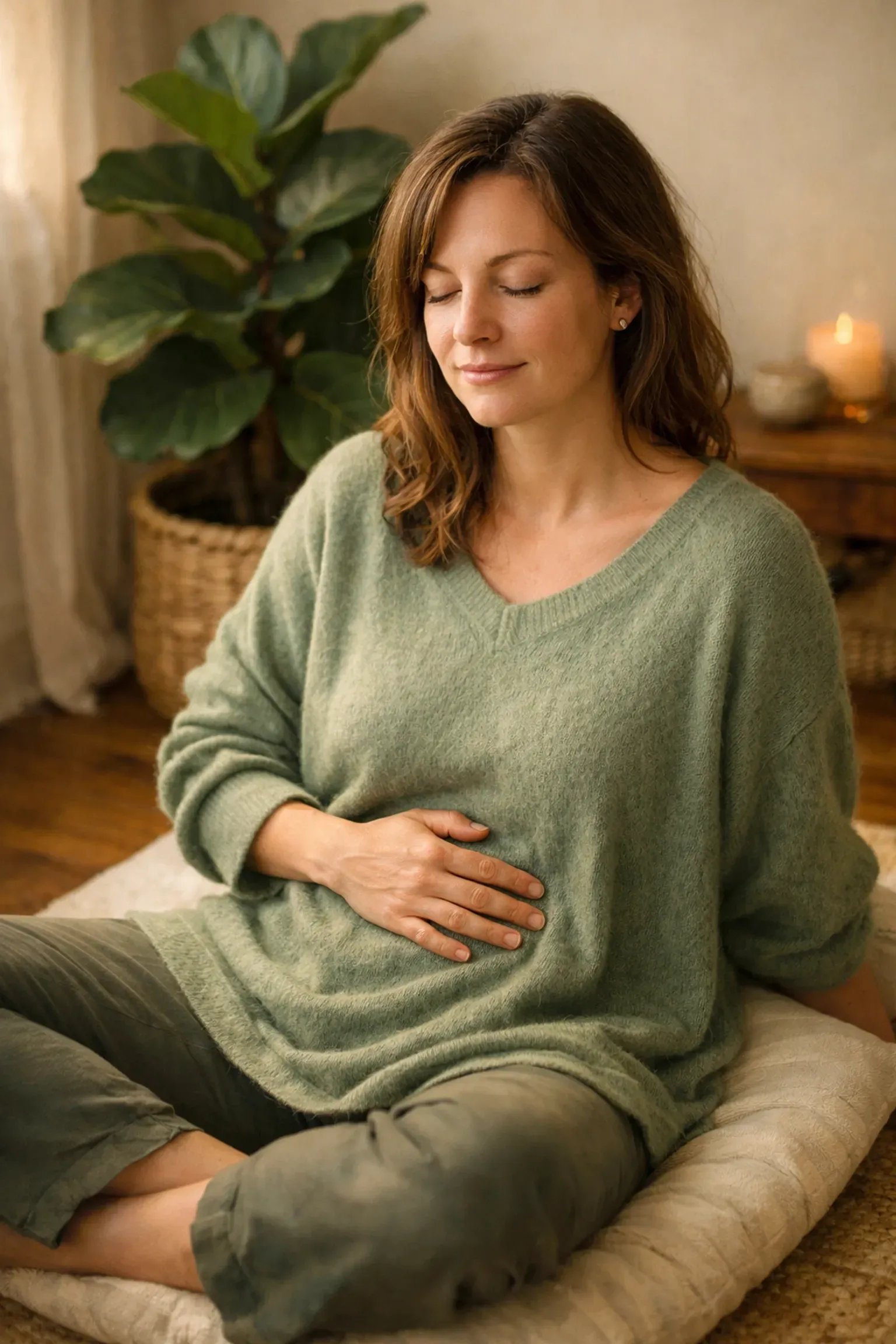 Woman with closed eyes, hands on stomach, seated meditating near a potted plant. Soft green sweater and pants.