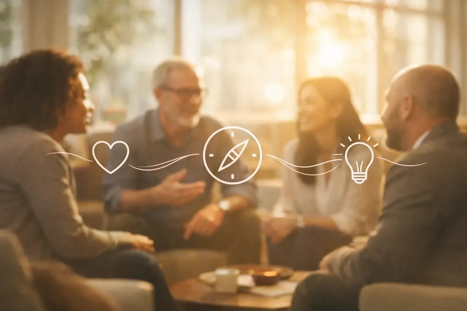 Group of people conversing; icons of a heart, compass, and lightbulb are overlaid.