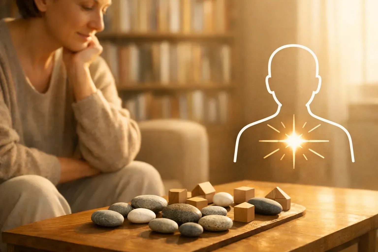 A person sits looking at stones and wooden blocks on a table, with a glowing heart symbol floating in the air.
