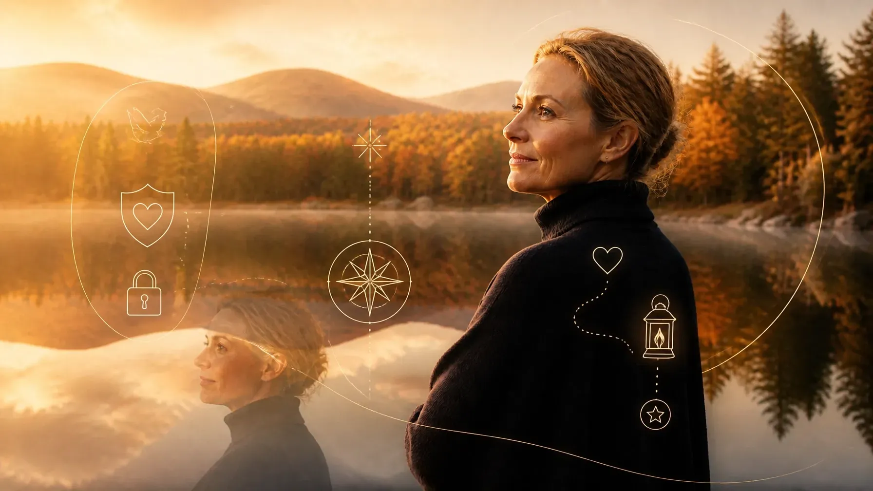 Woman in black coat by a calm lake at sunset, with forested mountains reflected in the water.