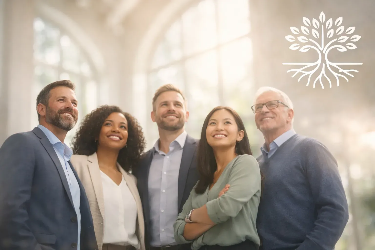 Five professionals looking up, smiling, logo of tree with roots at top right.