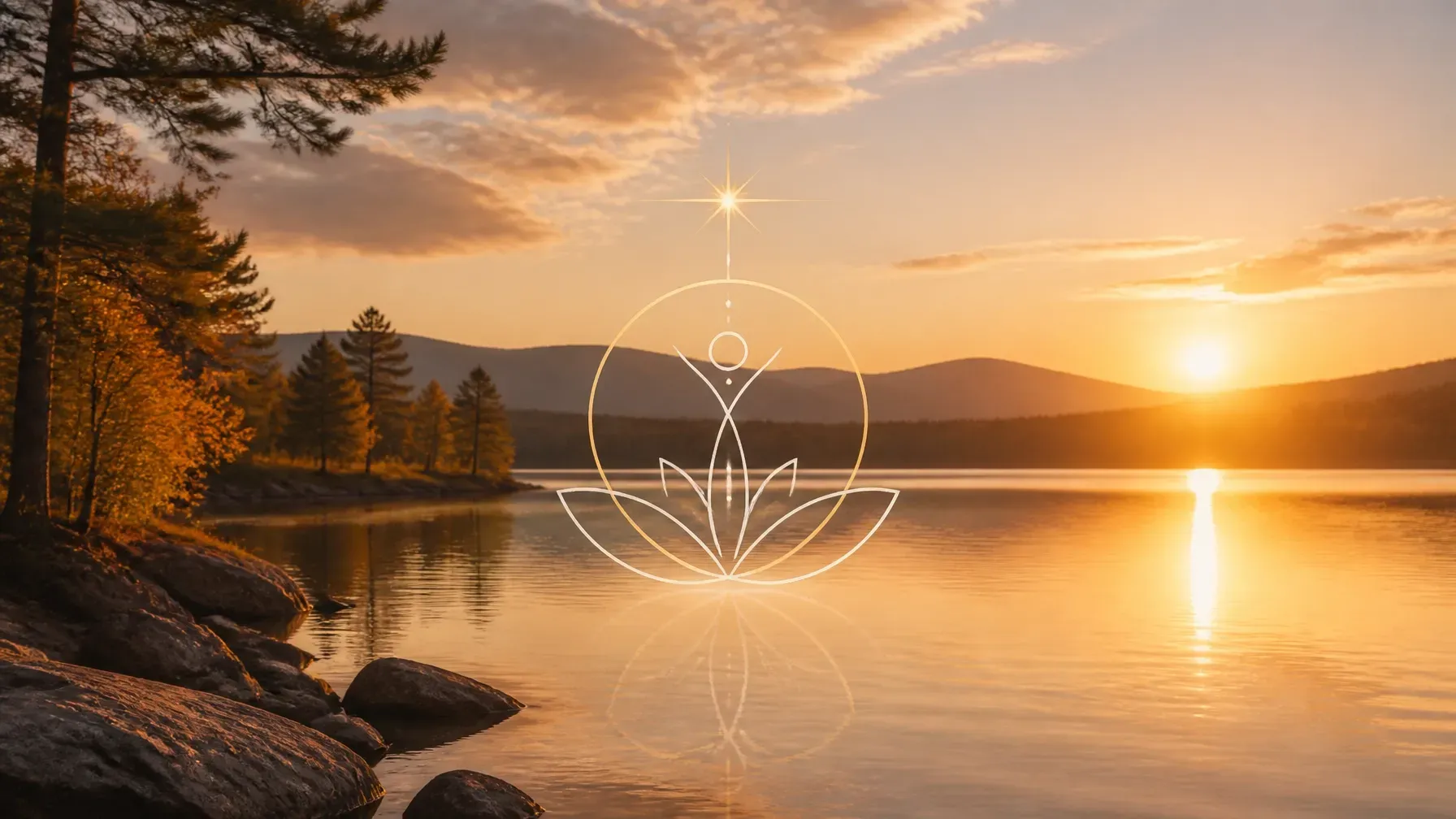 Sunset over a calm lake with golden reflections, pine trees, and a rocky shoreline