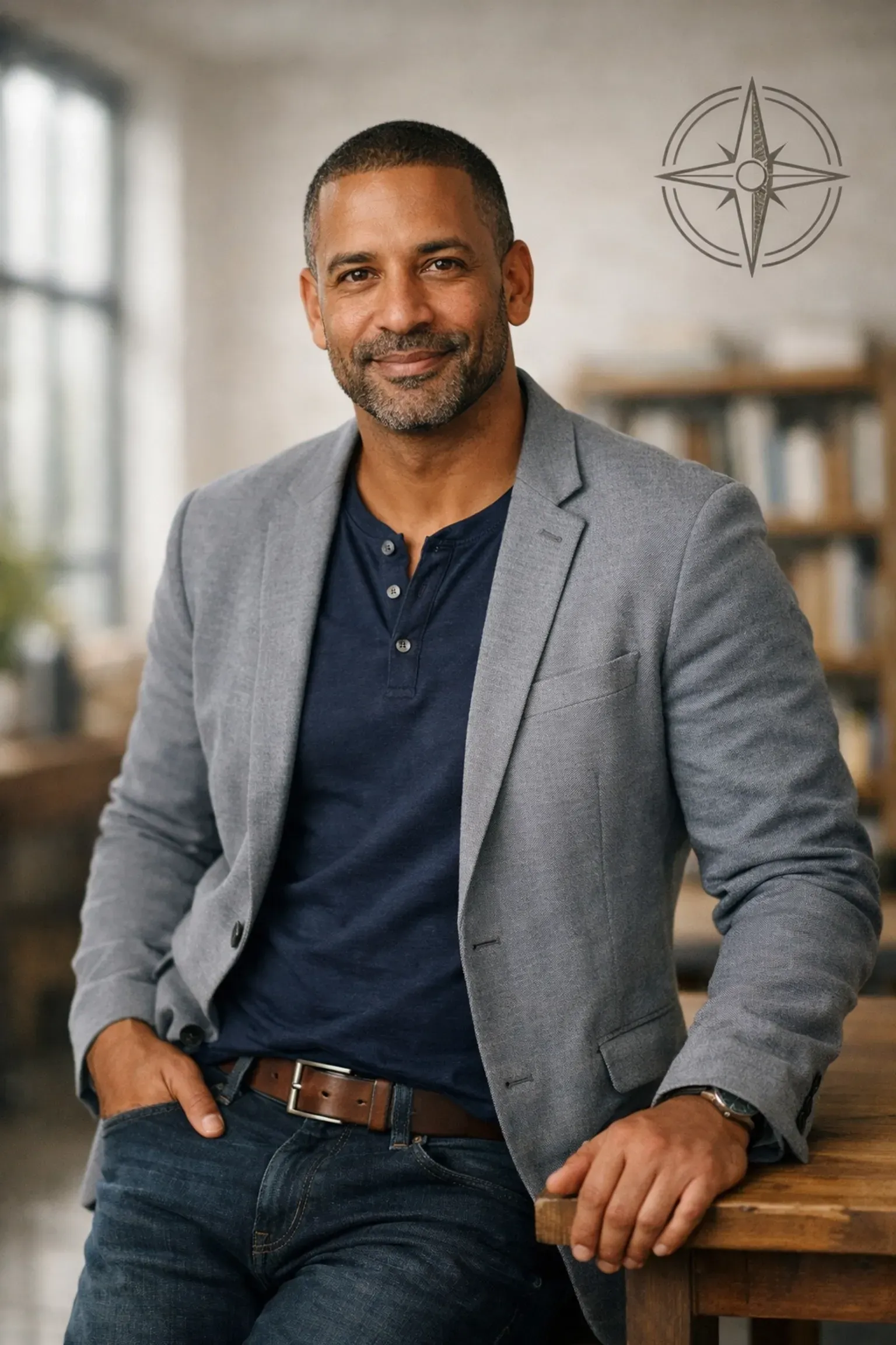 A person in a gray blazer and navy henley shirt smiles while leaning against a wooden desk in a bright office.