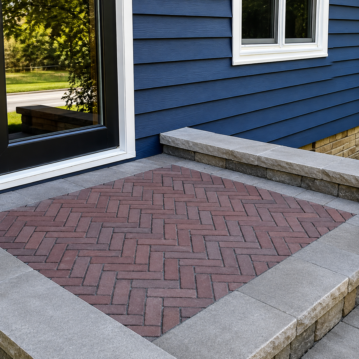 Brick-paver patio bordered by light stone beside a blue house exterior and sliding glass door