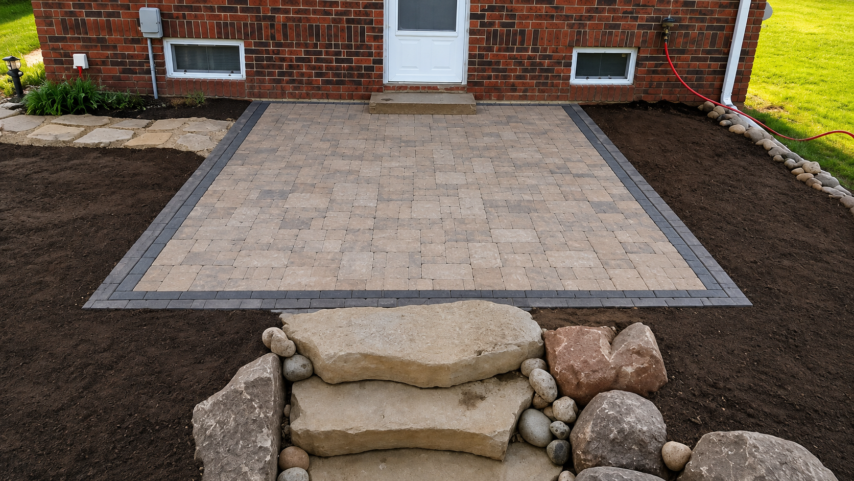 Brick patio with a gray paver border, surrounded by dark mulch and small stacked rocks in front of a house