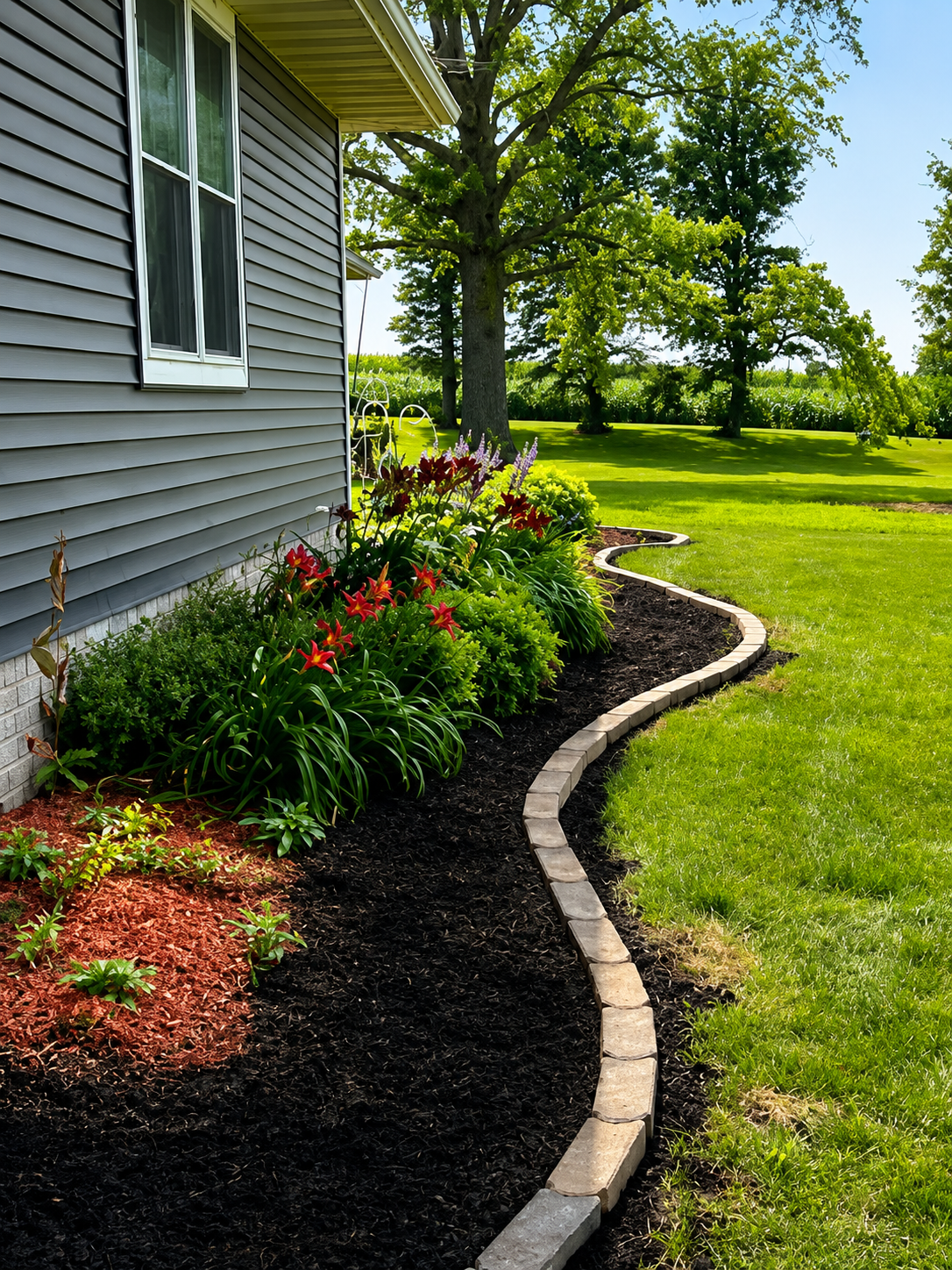 Curved flower bed with red blooms beside a gray house and green lawn on a sunny day