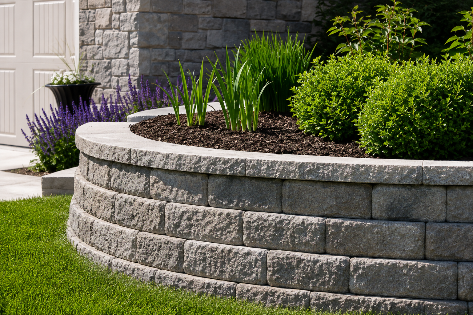 Curved stone retaining wall with green shrubs and purple flowers beside a house entrance