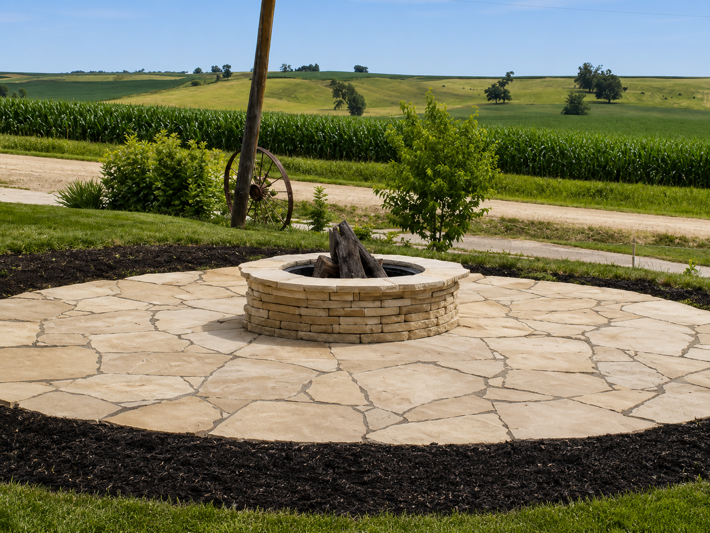 Circular stone fire pit in a landscaped patio overlooking green fields and countryside.