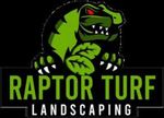Green raptor mascot logo with “RAPTOR TURF LANDSCAPING” text on black background