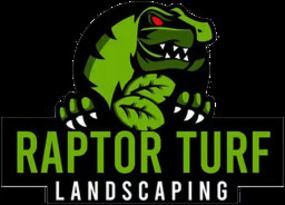 Green raptor mascot logo with “RAPTOR TURF LANDSCAPING” text on black background