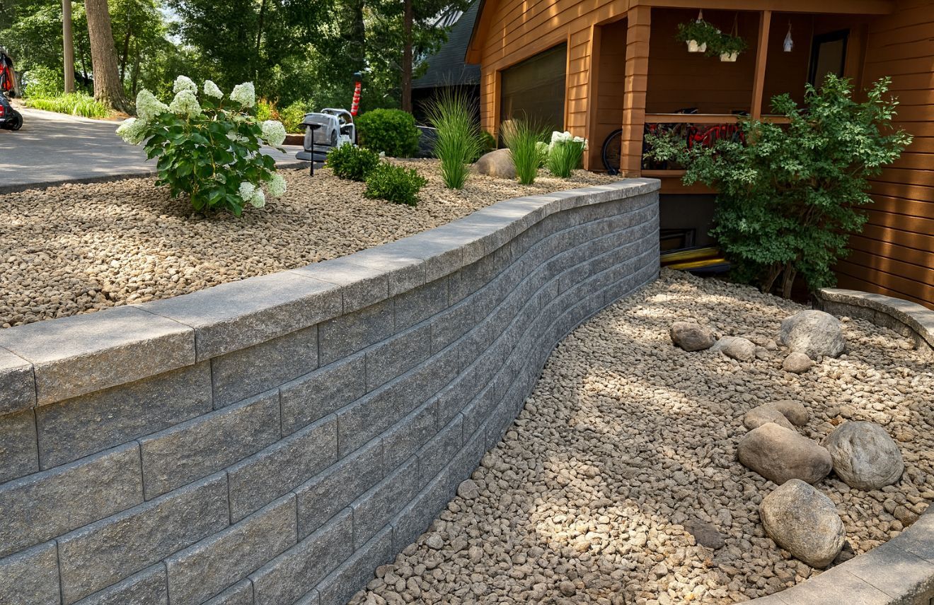 Curved gray stone retaining wall beside a gravel garden and wooden house