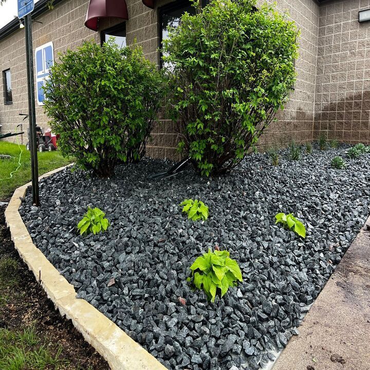 Front yard landscaping with black mulch, green shrubs, and small plants beside a brick house