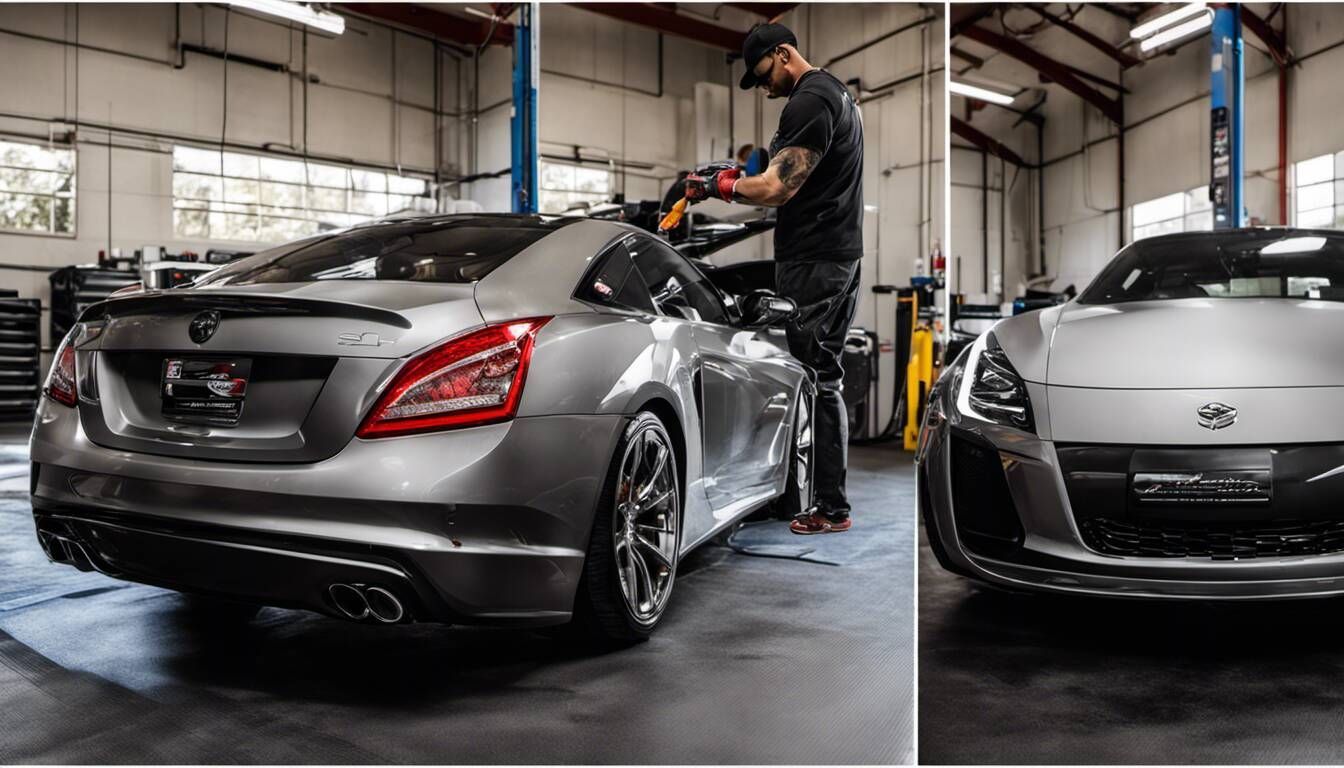 A mechanic working on a gray sports car in a garage. Another car in front.